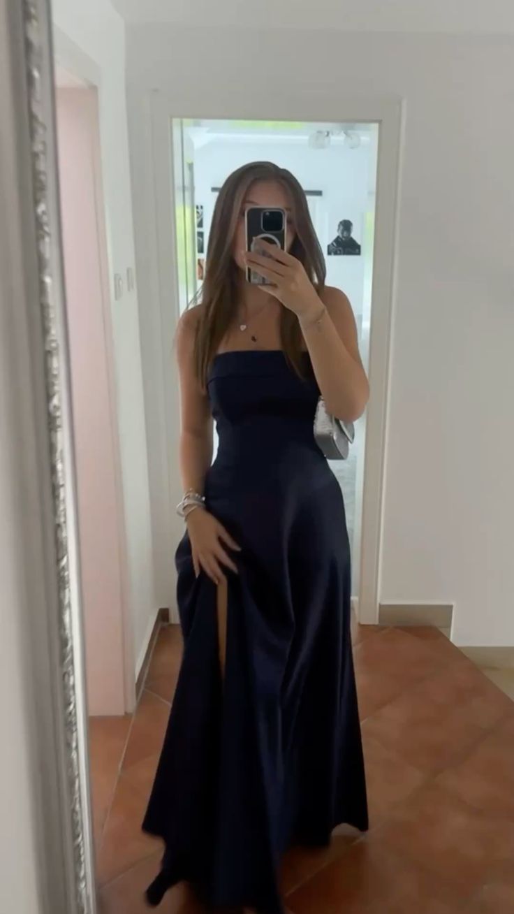 Simple A Line Strapless Navy Blue Satin Prom Dress Inspo Aesthetic For Teens Formal Dresses Party Outfits Prom Gown AB1128