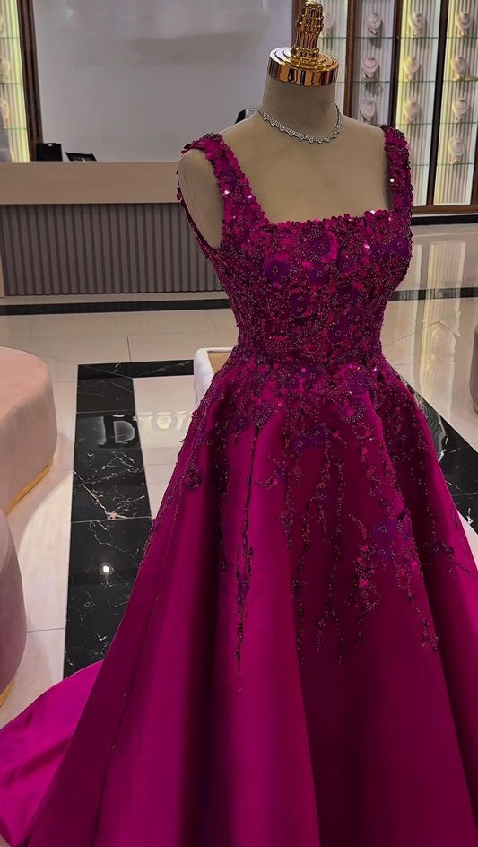 Cute Ball Gown Square Neck Fuchsia Pink Satin Prom Dresses Party Dress 21st Birthday Outfits Graduation Dress AB1322