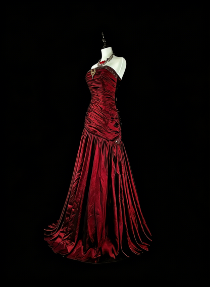 Vintage Prom Dresses Mermaid Strapless Dark Burgundy Satin With Beading 1980s Long Formal Gown N2708