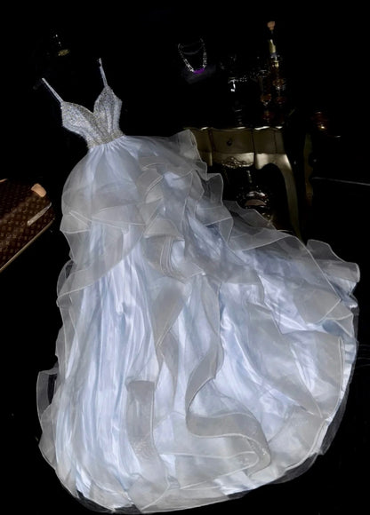 Elegant Ball Gown Spaghetti Straps Light Sky Blue With Tiered School Dances Prom Dresses 8th Grade Formal Outfits Evening Dress RB8389