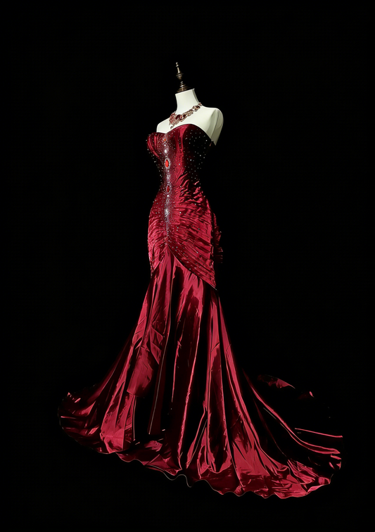 Retro Mermaid Sweetheart Wine Red Burgundy Satin With Beaded Sleeveless 70s Prom Dresses Long Formal Party Gowns N1493