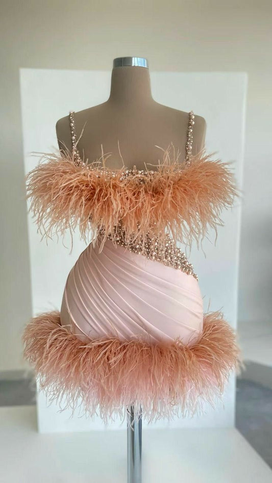 Cute Sheath Tight Bodycon Spaghetti Strap Pink With Beads Feathers Short Inspo Hoco Dress Ideas Homecoming Dresses RB4087