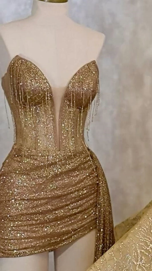 Sparkly Sheath Sweetheart Gold Sequin Graduation Gown Mini Senior Inspo Short Homecoming Dress RB3140