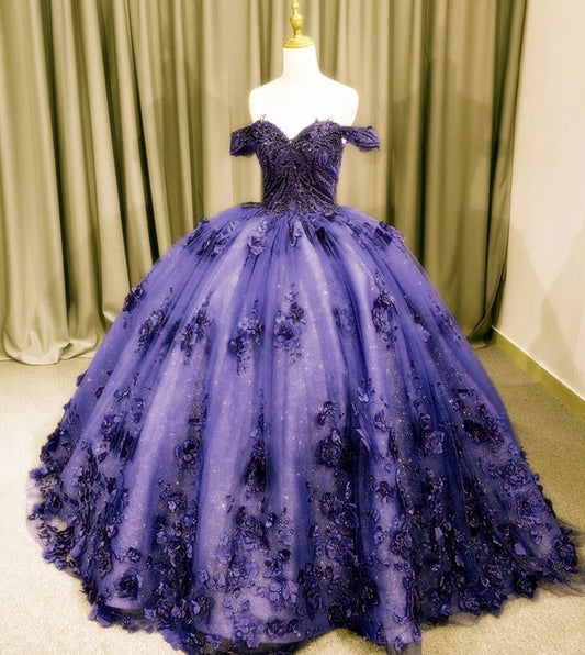 Timeless Ball Gown Off The Shoulder Grape Tulle Lace Quinceanera Dress Appliques Birthday Outfits Sweet 15 16 Birthday Gown AB1092