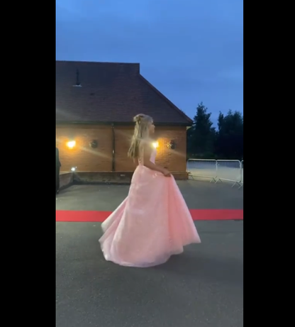 Classy V-neck Pink Sparkle Tulle A-line Long Prom Dresses Inspo Long Prom Gown AB316