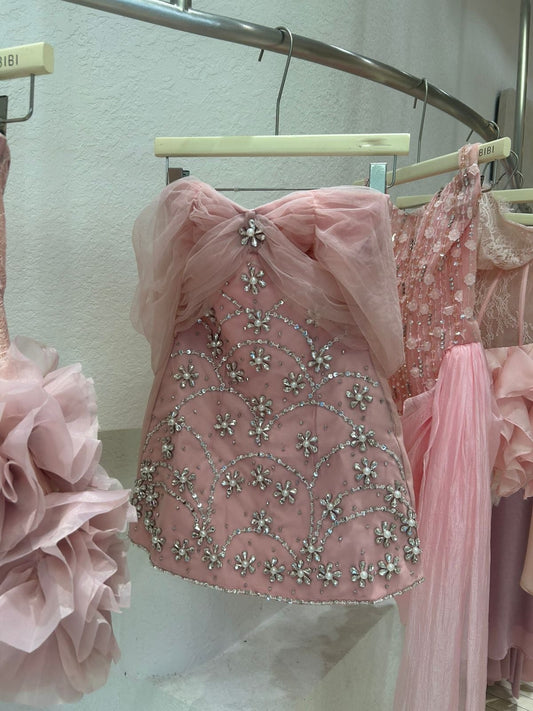 Eye-catching A line Strapless Pink Tulle With Beaded Semi-formal 12th Grad Short Inspo Homecoming Dresses RB4518