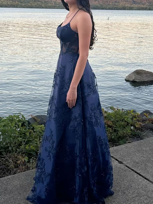 Modest A line Spaghetti Strap Navy Blue Lace Prom Dresses Long for Women Formal Evening Gown AB168