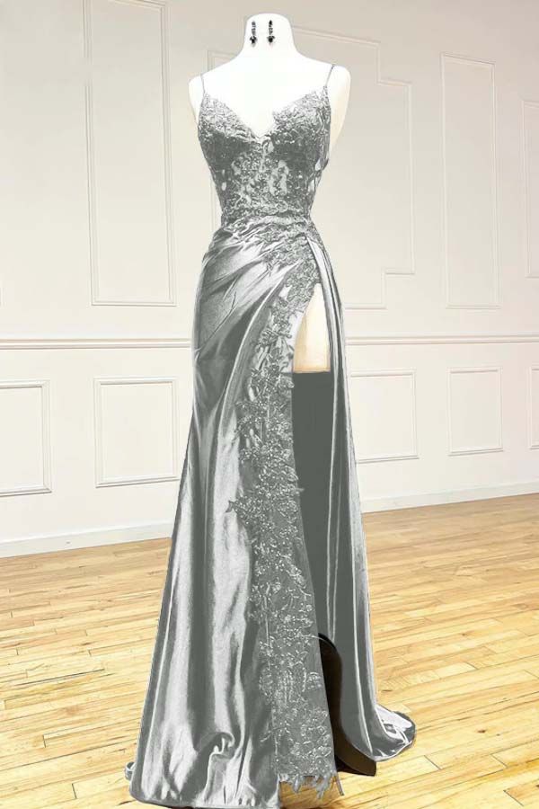 Classy Spaghetti Straps Mermaid Wine Red V Neck Satin Lace Long Prom Dresses Formal Dress AB138