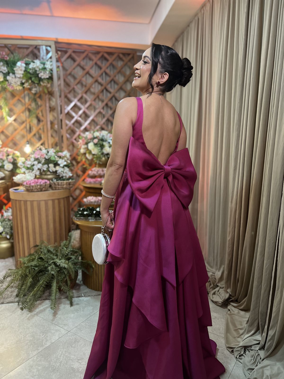 Modest A Line Satin Fuchsia Open Back With Bow Prom Dresses Long for Women Formal Evening Gown AB178