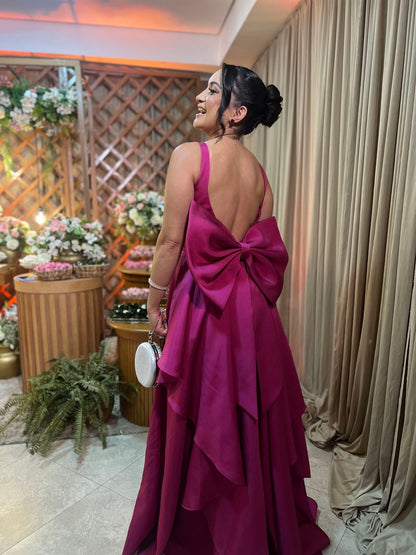 Modest A Line Satin Fuchsia Open Back With Bow Prom Dresses Long for Women Formal Evening Gown AB178