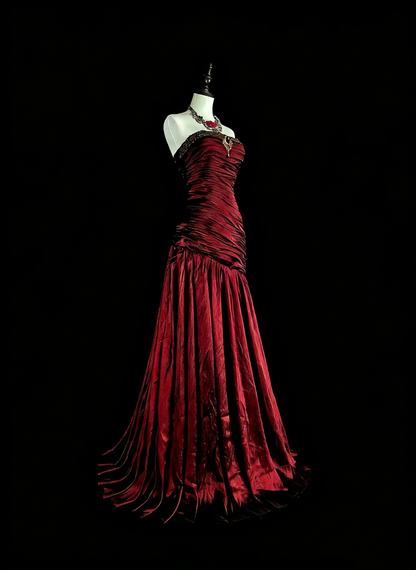 Vintage Prom Dresses Mermaid Strapless Dark Burgundy Satin With Beading 1980s Long Formal Gown N2708