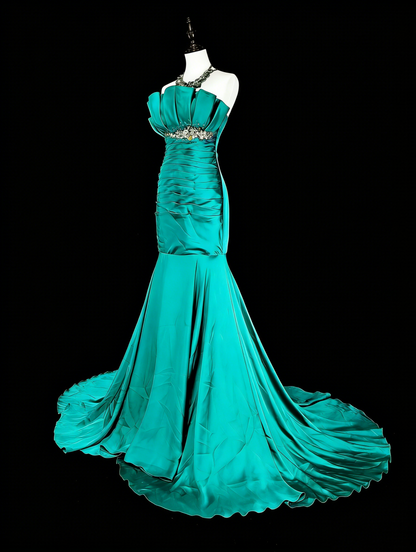 Vintage Mermaid Strapless Satin Green 70s With Pleated Beads Long Prom Gown Party Wear Dresses N1842