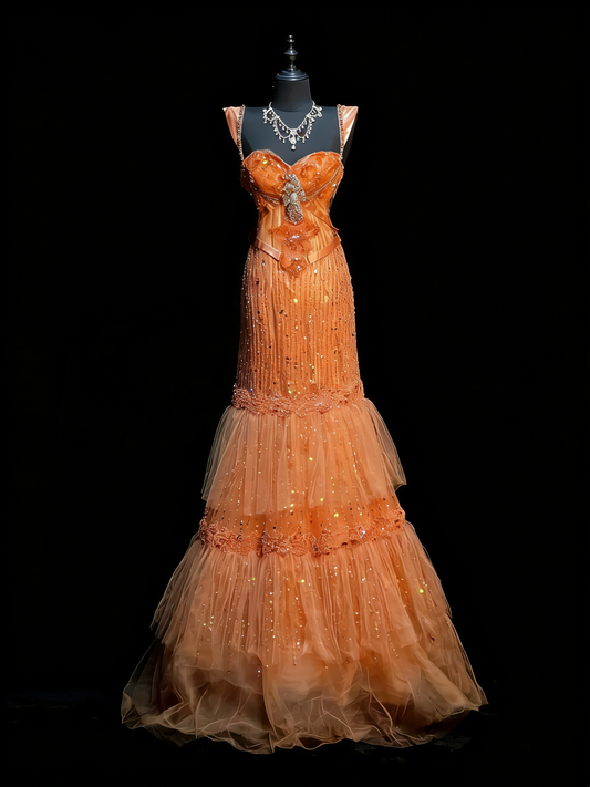 Modest Mermaid Sweetheart Orange Tulle With Layered College Formal Outfit Long Prom Graduation Dresses For Teens N1189