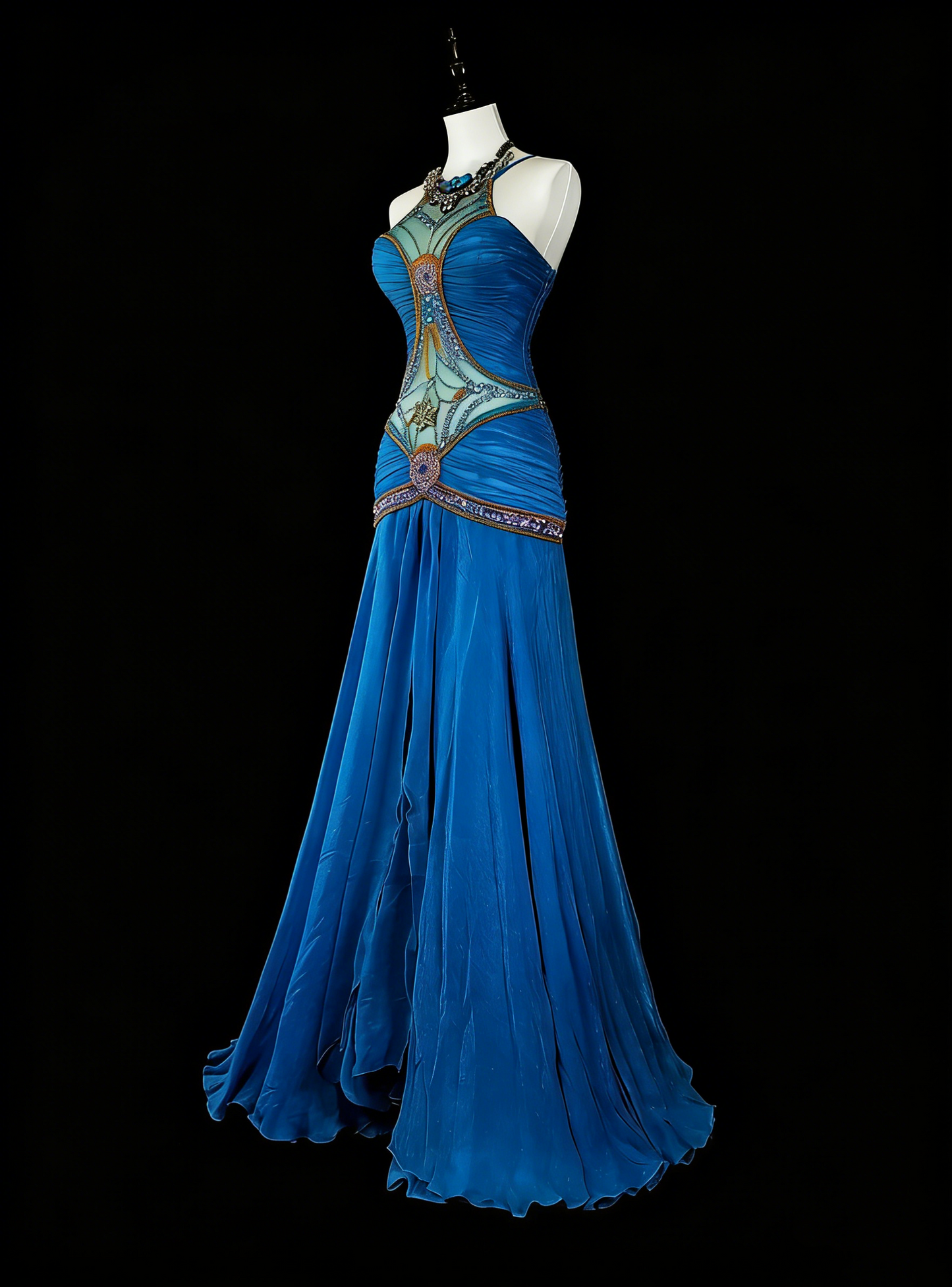 Vintage Prom Dresses Aesthetic Mermaid Jewel Neck Royal Blue Beaded Classic Inspo Party Dress N2006