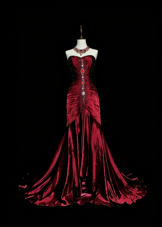Retro Mermaid Sweetheart Wine Red Burgundy Satin With Beaded Sleeveless 70s Prom Dresses Long Formal Party Gowns N1493
