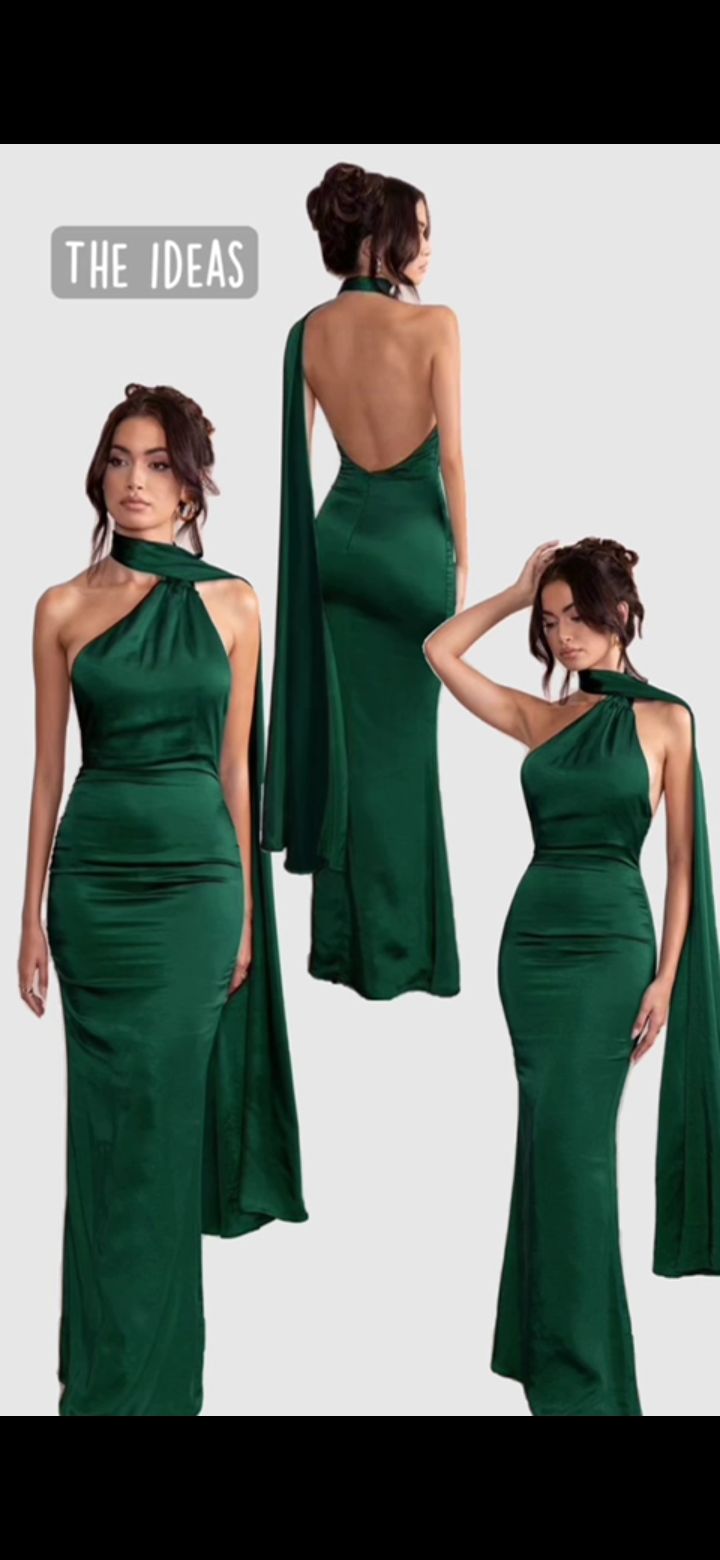 Modest Mermaid High Neck Green Satin Sleeveless Spring Summer Event Outfits Wedding Guest Dresses RB3829