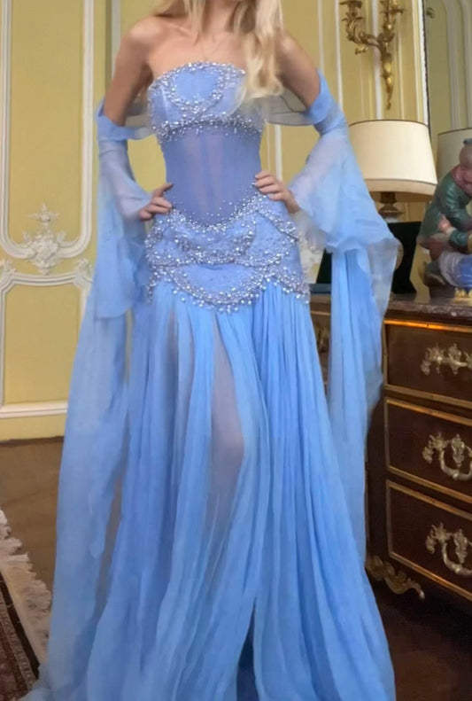 Classy A Line Strapless Blue Chiffon Beaded Prom Dresses Formal Dress 20th Birthday Outfits Prom Gown RB1966