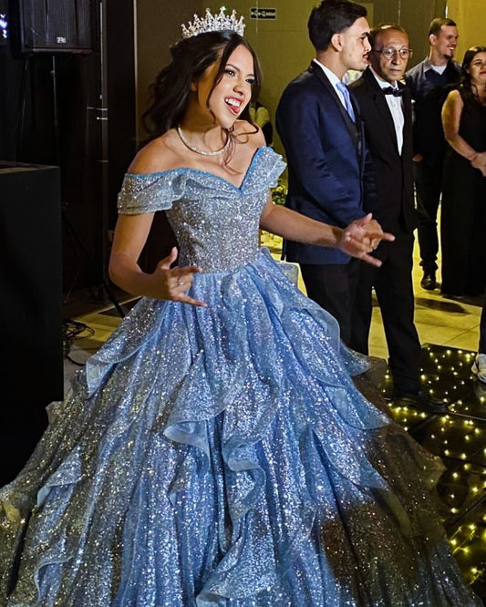Light Blue Ball Gown Off The Shoulder Quinceanera Dress Sequins Birthday Luxury Dress Sweet 15 16 Birthday Gown AB1728