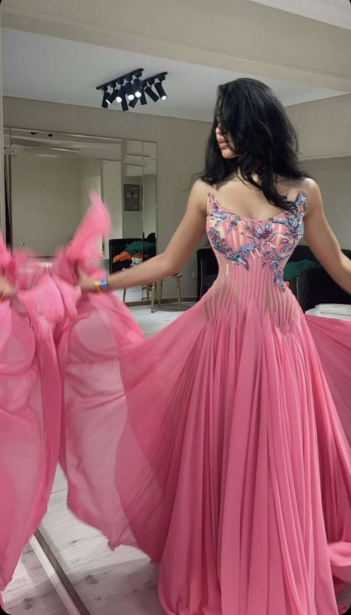 Pink Prom Dress A Line Strapless Pink With Lace Floor Length Graduation Party Dress RC0898