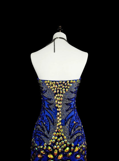 Vintage Mermaid Sweetheart Royal Blue 70s Tulle Long Prom Gown Party Wear Dresses N1833