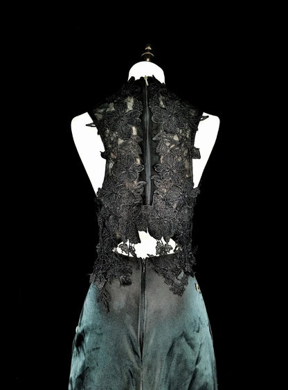 Vintage Prom Dresses Aesthetic A line Scoop Black Satin With Appliques Long Formal Dress N2159