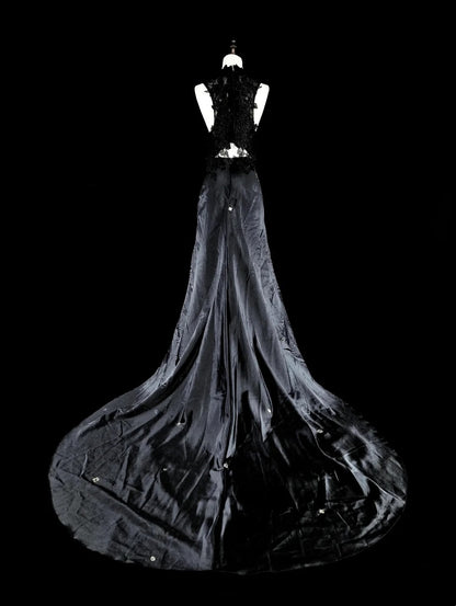 Vintage Prom Dresses Aesthetic A line Scoop Black Satin With Appliques Long Formal Dress N2159