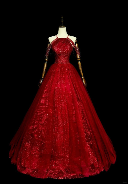 Chic Ball Gown Halter Red Tulle Long College Formal Outfit Prom Graduation Dresses For Teens N1372