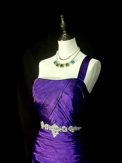 Vintage Mermaid One Shoulder Grape Satin 90s With Beaded Prom Dresses Long Formal Party Gown N1376