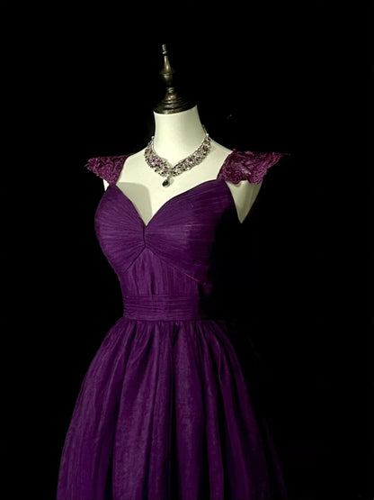 Modest A line Sweetheart Grape Chiffon Sleeveless Senior Prom Dresses High School Long Formal Dress N1377