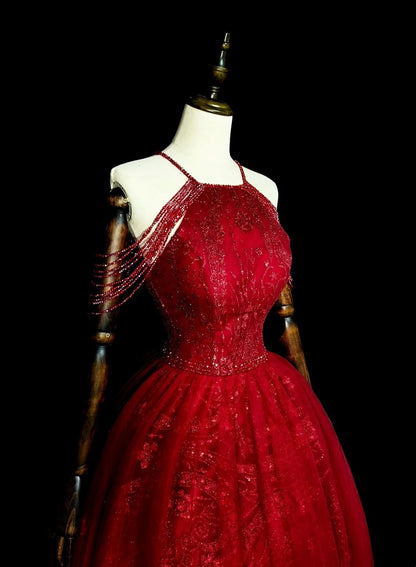 Chic Ball Gown Halter Red Tulle Long College Formal Outfit Prom Graduation Dresses For Teens N1372