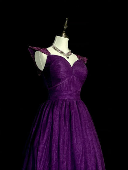 Modest A line Sweetheart Grape Chiffon Sleeveless Senior Prom Dresses High School Long Formal Dress N1377