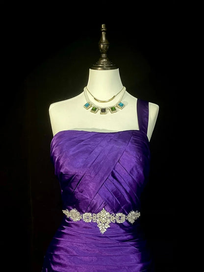 Vintage Mermaid One Shoulder Grape Satin 90s With Beaded Prom Dresses Long Formal Party Gown N1376