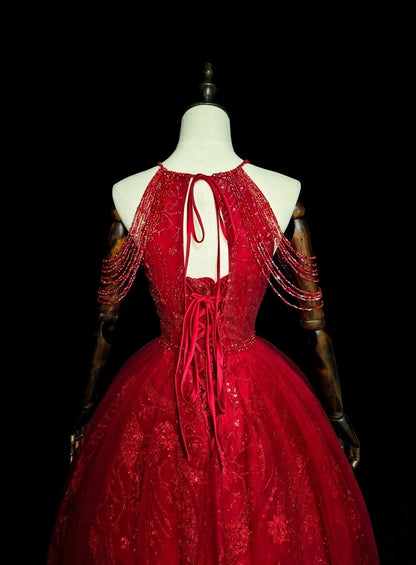 Chic Ball Gown Halter Red Tulle Long College Formal Outfit Prom Graduation Dresses For Teens N1372
