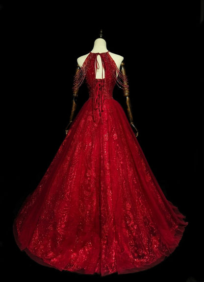 Chic Ball Gown Halter Red Tulle Long College Formal Outfit Prom Graduation Dresses For Teens N1372