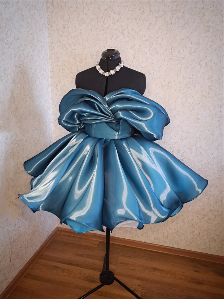 Fancy Ball Gown Off The Shoulder Blue Organza Mini Short Hoco Party Birthday Dress Ideas Homecoming Dresses RB4100