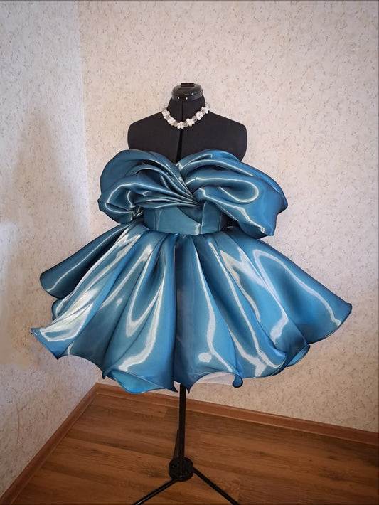 Fancy Ball Gown Off The Shoulder Blue Organza Mini Short Hoco Party Birthday Dress Ideas Homecoming Dresses RB4100