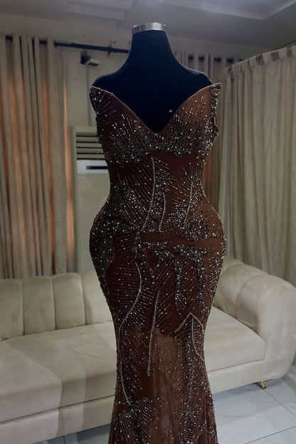 Elegant Sparkle Brown Mermaid Court Train V-neck Sleeveless Prom Dresses For Women AB1536
