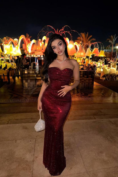 Sparkling Burgundy Sweetheart Strapless Sleeveless Sequins Prom Dress Mermaid Column On Sale AB1544