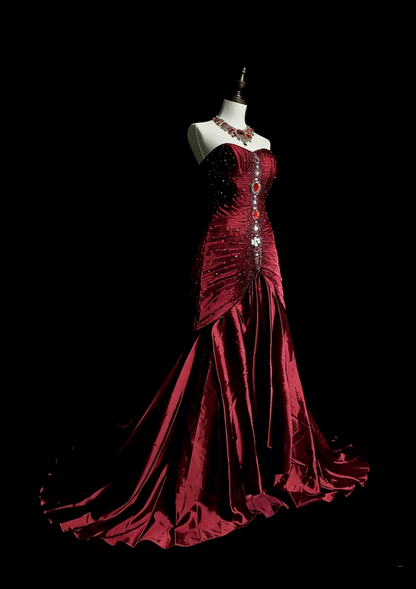 Retro Mermaid Sweetheart Wine Red Burgundy Satin With Beaded Sleeveless 70s Prom Dresses Long Formal Party Gowns N1493