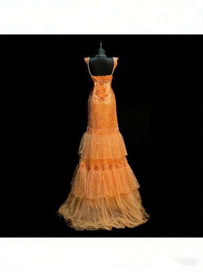 Modest Mermaid Sweetheart Orange Tulle With Layered College Formal Outfit Long Prom Graduation Dresses For Teens N1189