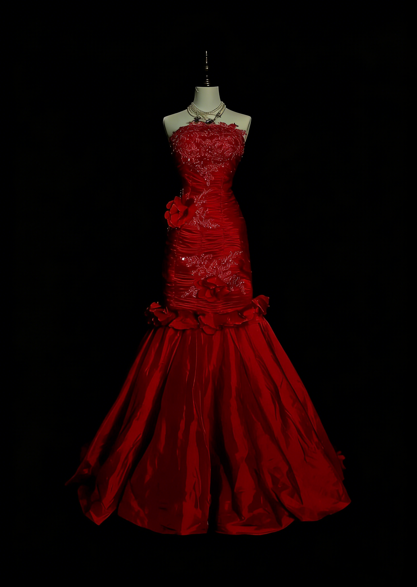 Vintage Mermaid Strapless Red Tulle Appliques Sleeveless 80s Sleeveless Prom Dresses Long Formal Party Gown N1440