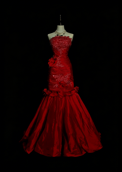 Vintage Mermaid Strapless Red Tulle Appliques Sleeveless 80s Sleeveless Prom Dresses Long Formal Party Gown N1440