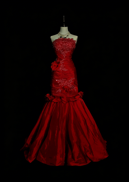 Vintage Mermaid Strapless Red Tulle Appliques Sleeveless 80s Sleeveless Prom Dresses Long Formal Party Gown N1440