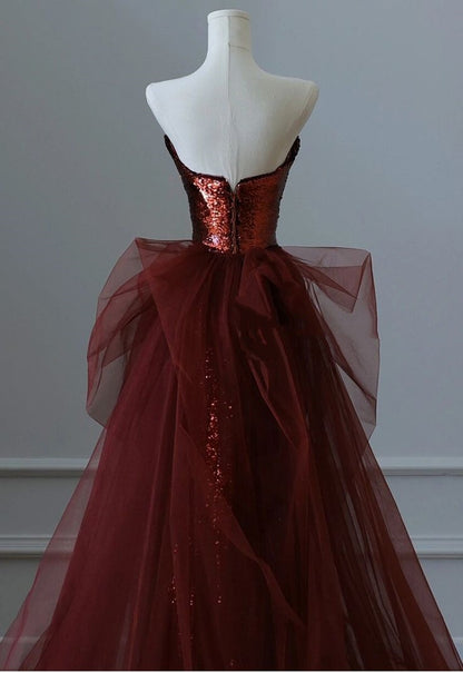 Mermaid Burgundy Mermaid Sequins Tulle Strapless Prom Dress Inspiration Prom Dresses AB127