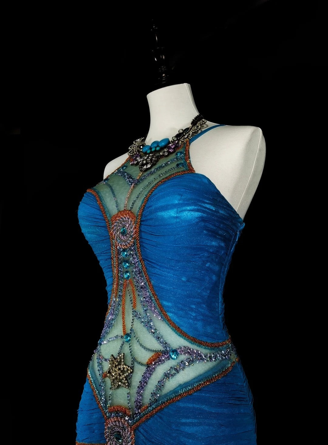 Vintage Prom Dresses Aesthetic Mermaid Jewel Neck Royal Blue Beaded Classic Inspo Party Dress N2006
