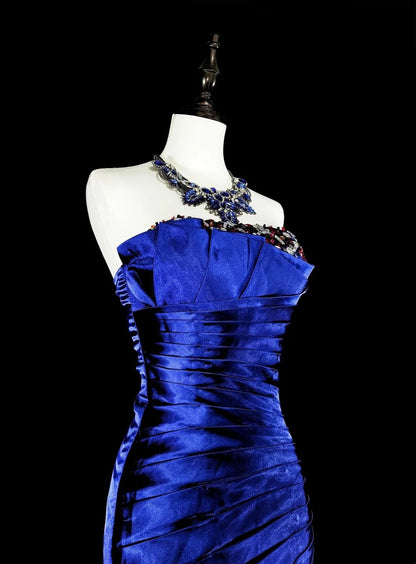Vintage Prom Dresses Aesthetic Mermaid Strapless Royal Blue Beaded Classic Inspo Party Dress N2005