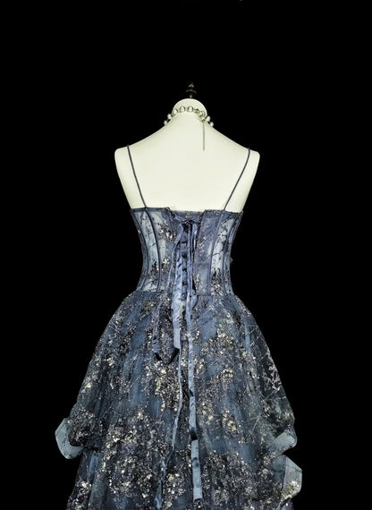Vintage Prom Dresses Aesthetic Ball Gown Spaghetti Straps Gray Sequins Long Inspo Formal Party Gowns N1849