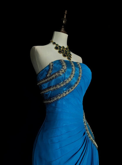 Vintage Mermaid Strapless Chiffon Blue With Beaded Long Summer Prom Dresses Spring Formal Party Dress N1423