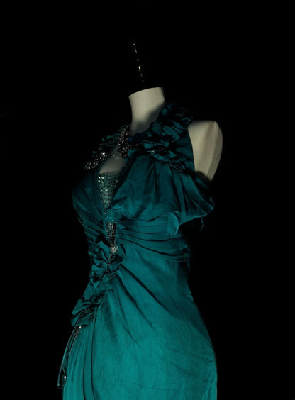 Modest A line Halter Dark Green Chiffon Sleeveless Senior Prom Dresses High School Long Formal Dress N1378