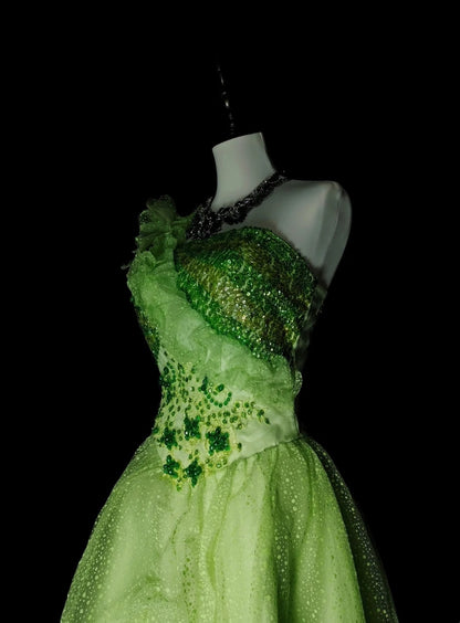 Modest Ball Gown One Shoulder Green Tulle Long Summer For High Schools Prom Dresses Spring Formal Dress N1418